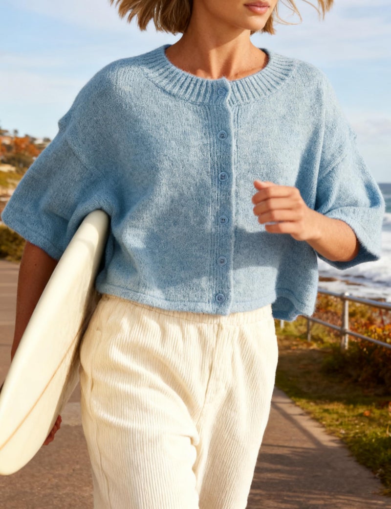 Springrain Cardigan Sweaters for Women Lightweight Knit Cropped Cardigan Button Up Solid Knitwear(Blue-L) - Image 2