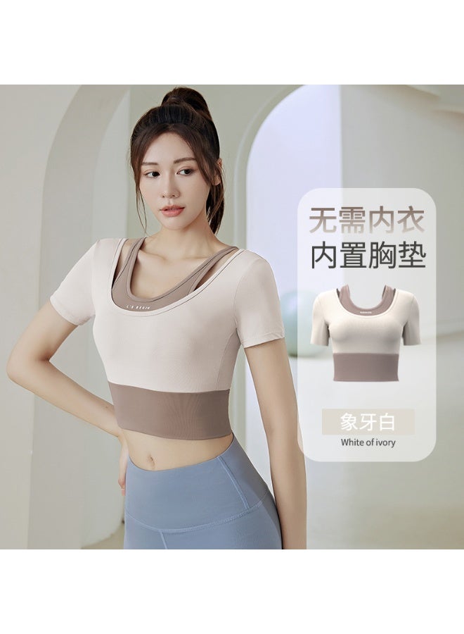Women's Summer  Two-Piece Sports Top with Bra Fast Drying Breathable Fitness Short-Sleeved Yoga Dance Clothes - Image 1