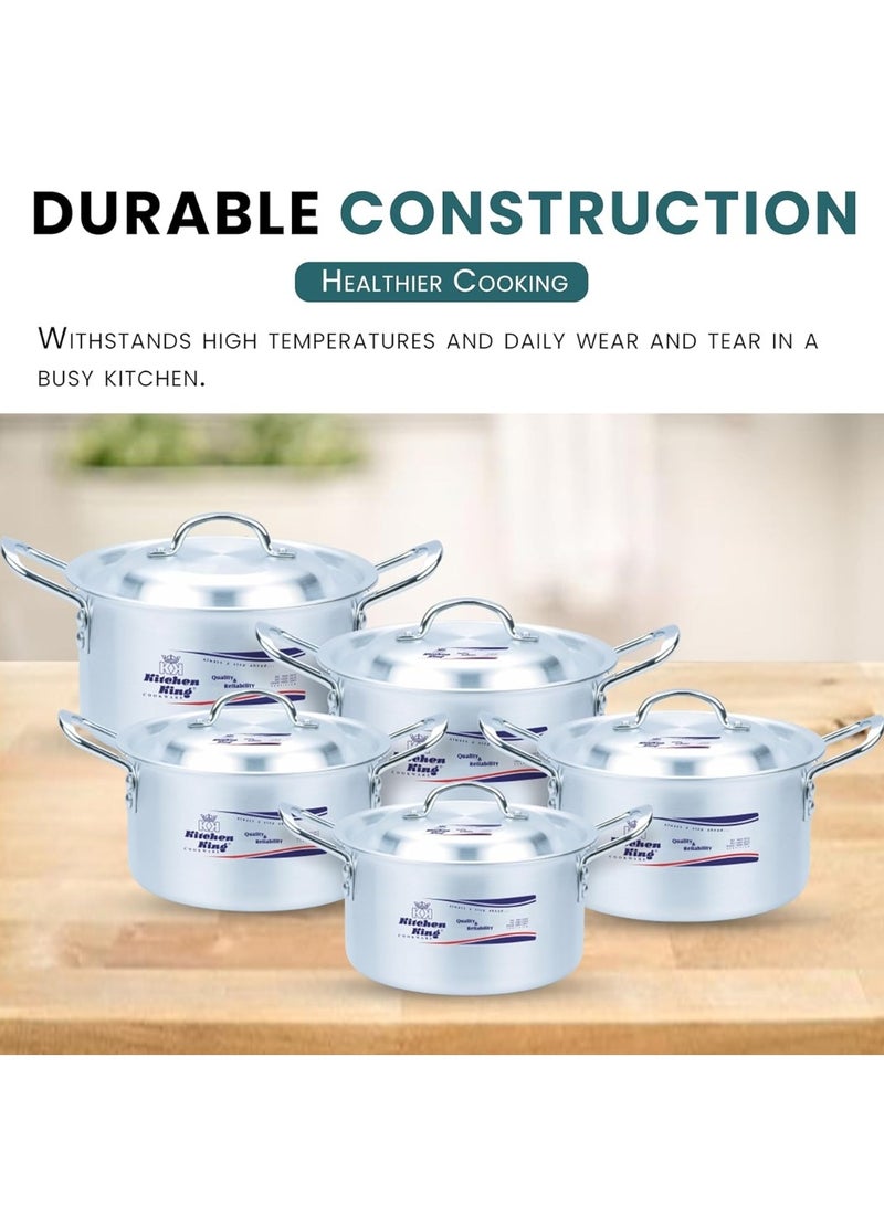 Kitchen King Glorious 10-Piece Cooking Pot Set (Sizes 26–36 cm), Premium Aluminum Casseroles, FDA-Approved, Durable Metal Finish, Efficient Heat Distribution, Sturdy Handles, Ideal for Everyday and Commercial Use - Image 2