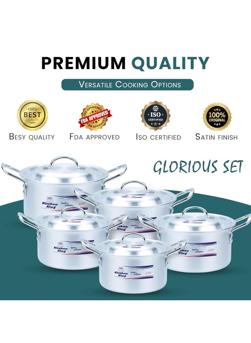 Kitchen King Glorious 10-Piece Cooking Pot Set (Sizes 26–36 cm), Premium Aluminum Casseroles, FDA-Approved, Durable Metal Finish, Efficient Heat Distribution, Sturdy Handles, Ideal for Everyday and Commercial Use - Image 3