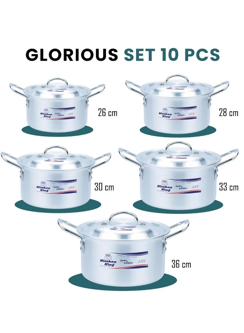 Kitchen King Glorious 10-Piece Cooking Pot Set (Sizes 26–36 cm), Premium Aluminum Casseroles, FDA-Approved, Durable Metal Finish, Efficient Heat Distribution, Sturdy Handles, Ideal for Everyday and Commercial Use - Image 4