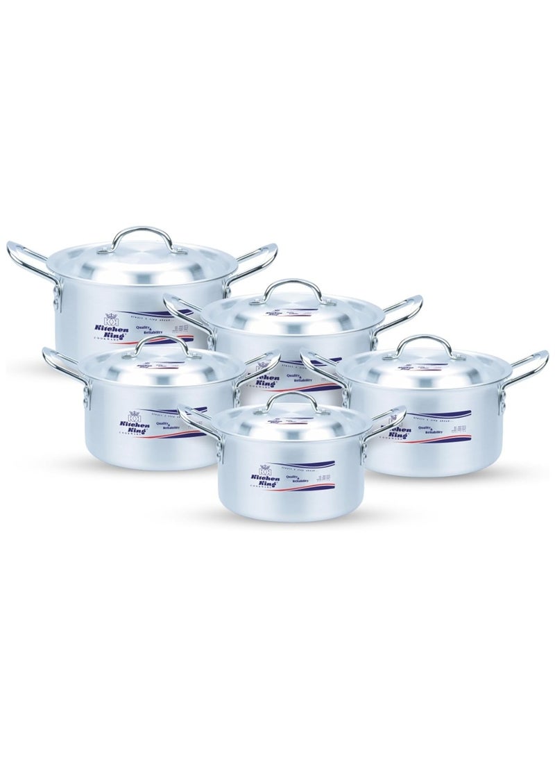 Kitchen King Glorious 10-Piece Cooking Pot Set (Sizes 26–36 cm), Premium Aluminum Casseroles, FDA-Approved, Durable Metal Finish, Efficient Heat Distribution, Sturdy Handles, Ideal for Everyday and Commercial Use - Image 1