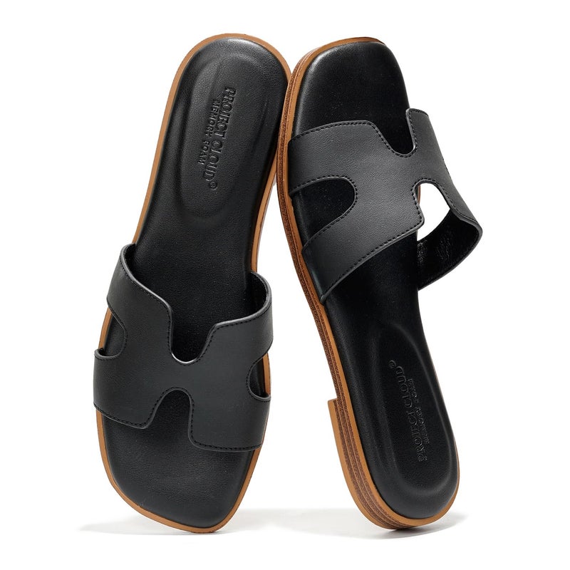Project Cloud 100% Genuine Leather Sandals for Women 2026 - Fashion Flat Womens Sandals with Memory Foam Insole Slides Sandals Women Footwear - Mules Women's Sandals (Jannel, Blk, 7.5) - Image 1