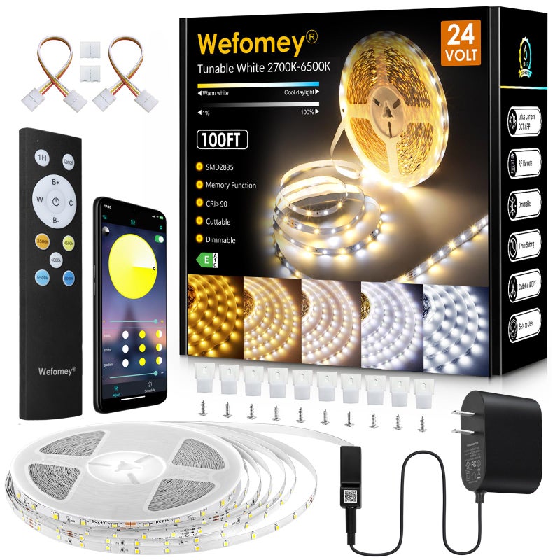 Wefomey White LED Strip Lights, 100ft Dimmable Bright 24V Led Tape Light with Remote and App Control, 2700K-6500K White 1440 LEDs Lights for Bedroom, Kitchen, Ceiling (1 Rolls of 100ft) - Image 1