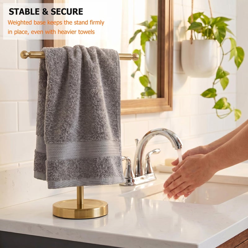 Kalitro Hand Towel Holder, T-Shape Hand Towel Stand for Bathroom, Hand Towel Rack Bar Standing for Vanity Kitchen Countertop (Gold, Stainless Steel) - Image 5