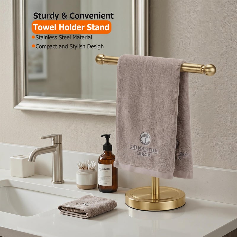 Kalitro Hand Towel Holder, T-Shape Hand Towel Stand for Bathroom, Hand Towel Rack Bar Standing for Vanity Kitchen Countertop (Gold, Stainless Steel) - Image 2