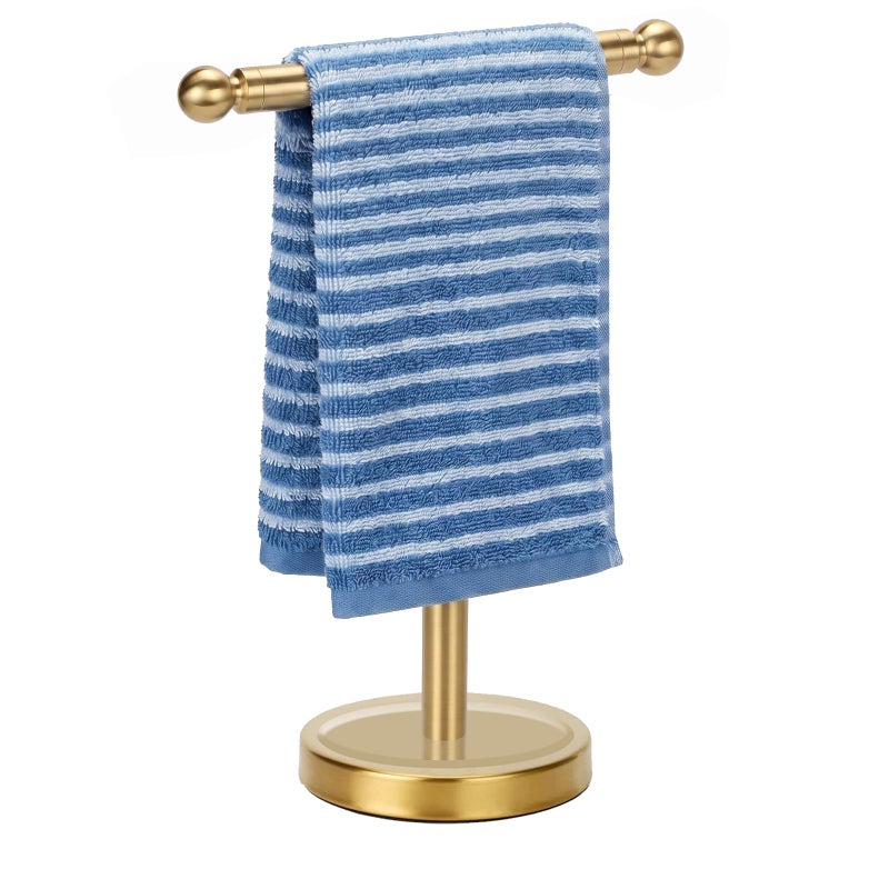 Kalitro Hand Towel Holder, T-Shape Hand Towel Stand for Bathroom, Hand Towel Rack Bar Standing for Vanity Kitchen Countertop (Gold, Stainless Steel) - Image 1