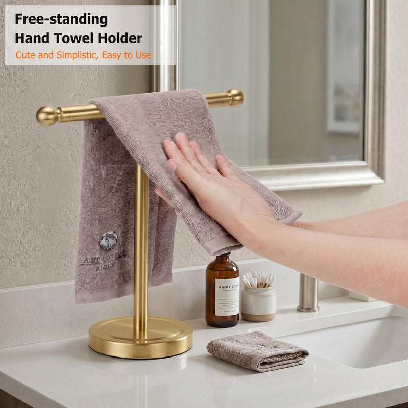 Kalitro Hand Towel Holder, T-Shape Hand Towel Stand for Bathroom, Hand Towel Rack Bar Standing for Vanity Kitchen Countertop (Gold, Stainless Steel) - Image 4