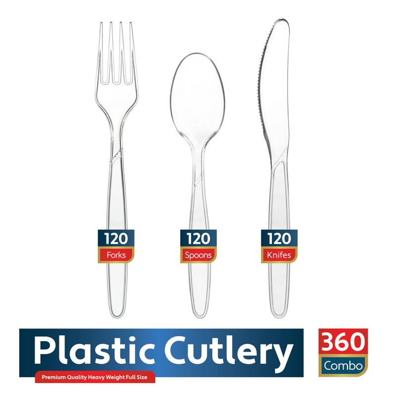 Munfix 360 Count Plastic Silverware Set  120 Clear Forks  120 Spoons  120 Knives  Heavy Duty BPA Free Disposable Plastic Cutlery Set  Premium Clear Plasticware for Party Supplies - Image 2