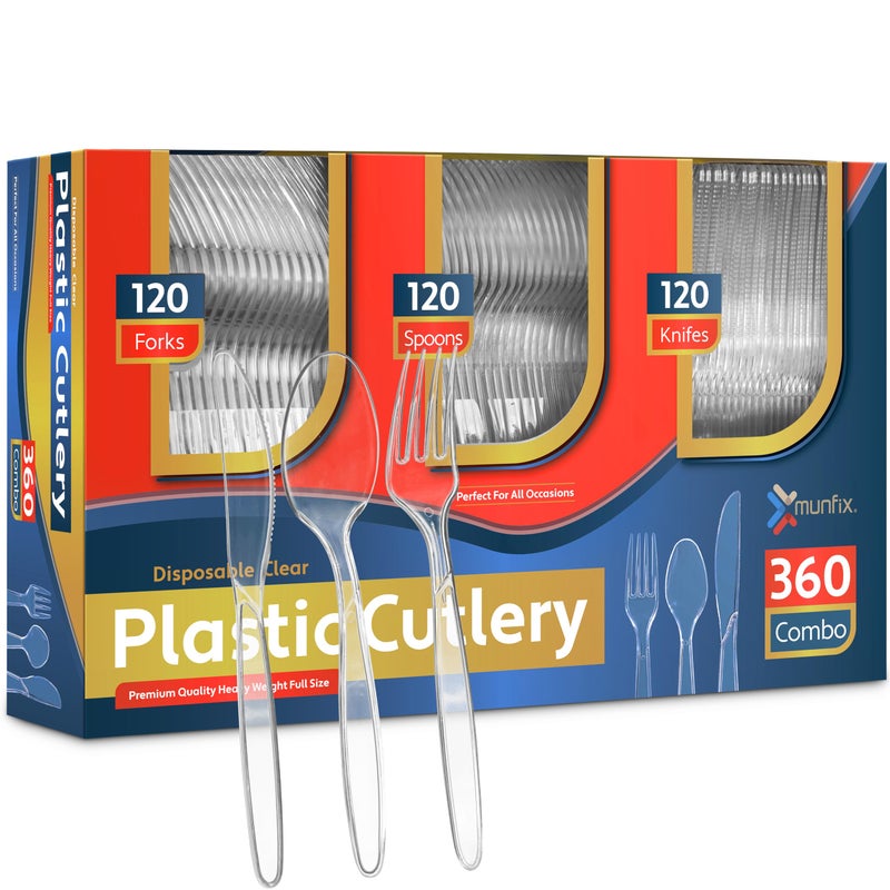 Munfix 360 Count Plastic Silverware Set  120 Clear Forks  120 Spoons  120 Knives  Heavy Duty BPA Free Disposable Plastic Cutlery Set  Premium Clear Plasticware for Party Supplies - Image 1
