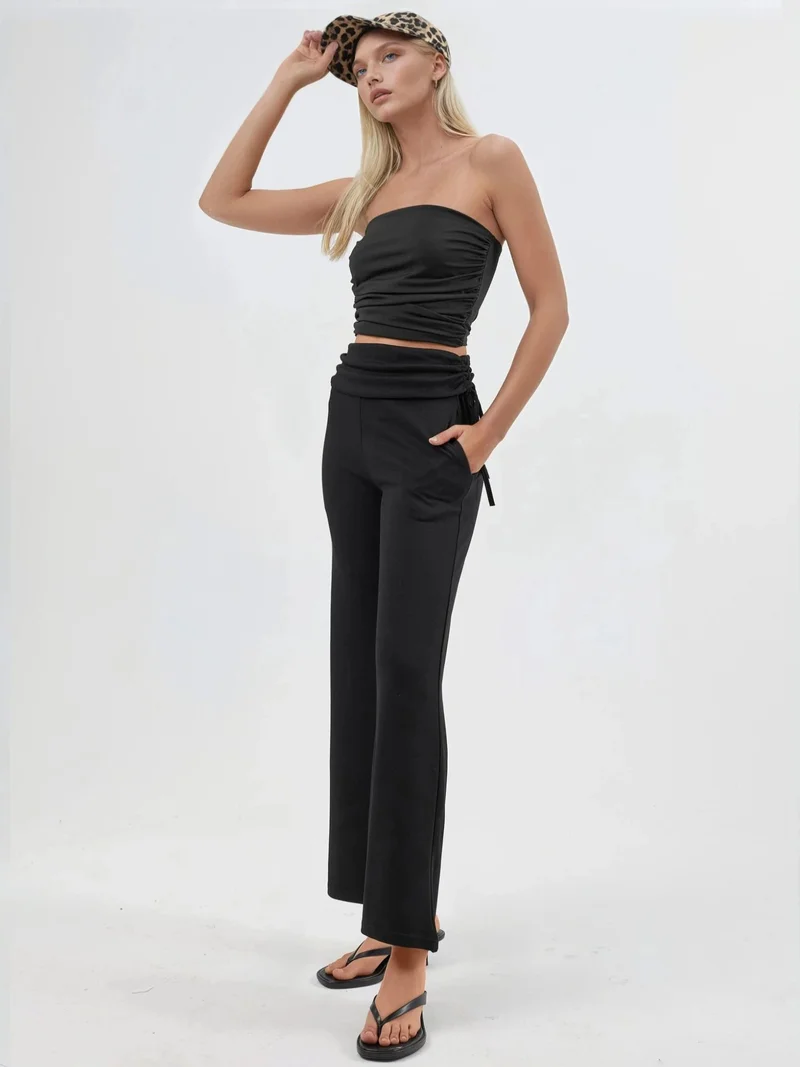 HICCUP Modal Touch High Waist Wide Leg Pants with Gathering Detail Bersan Collection