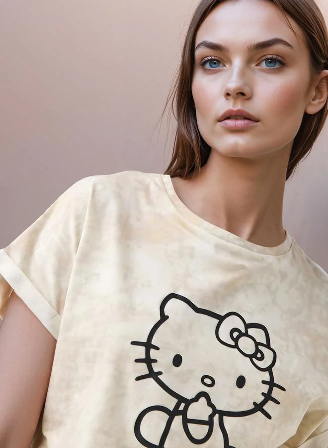 SP Characters Hello Kitty Print Crop T-shirt with Extended Sleeves