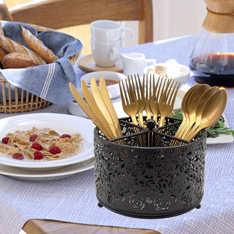 Black Four Section Cutlery Caddy 360 Degree Spinning Utensil Holder - Image 5