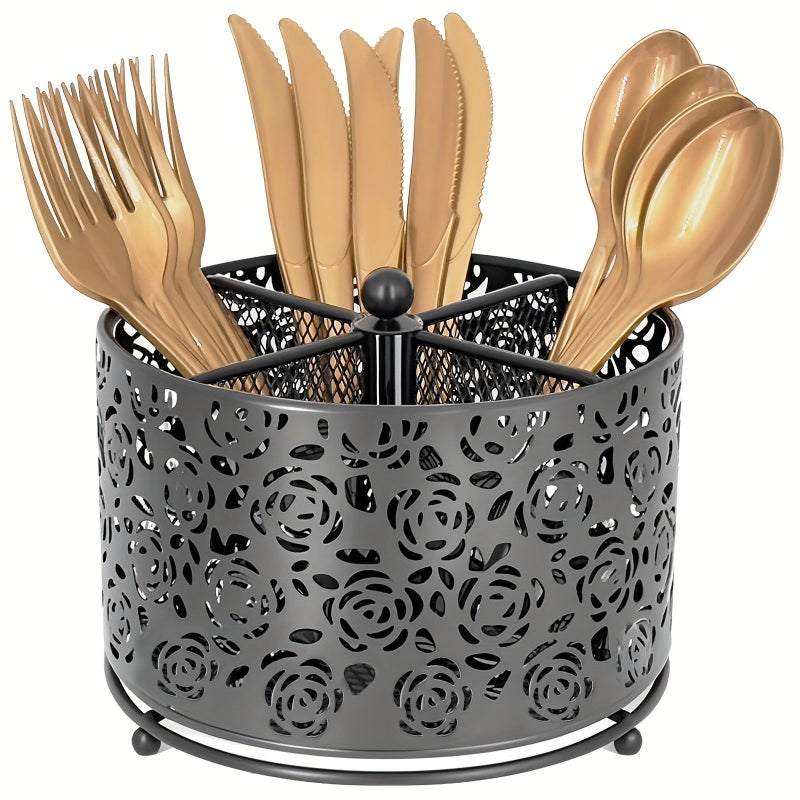 Black Four Section Cutlery Caddy 360 Degree Spinning Utensil Holder - Image 1