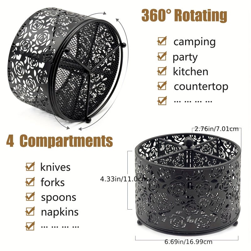 Black Four Section Cutlery Caddy 360 Degree Spinning Utensil Holder - Image 3