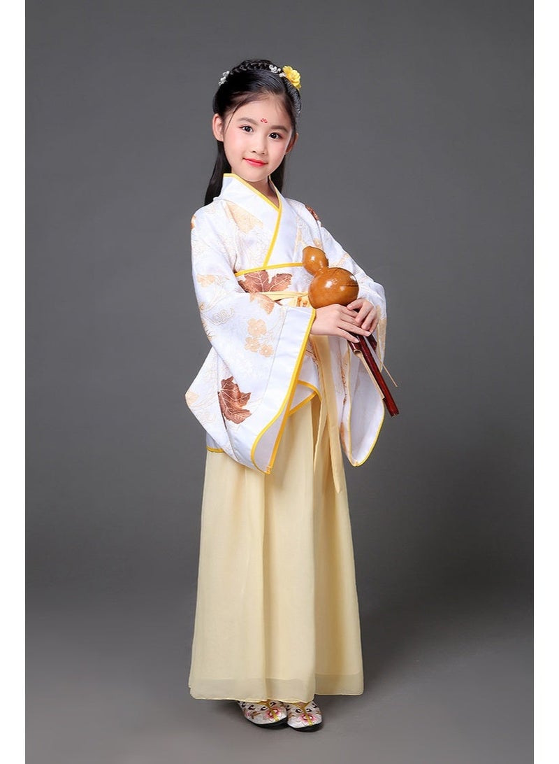 Traditional Chinese Hanfu Dress Set with Fan and Tassel, Yellow  and White Maple leaves Pattern, Cultural Costume with Accessories - Image 5
