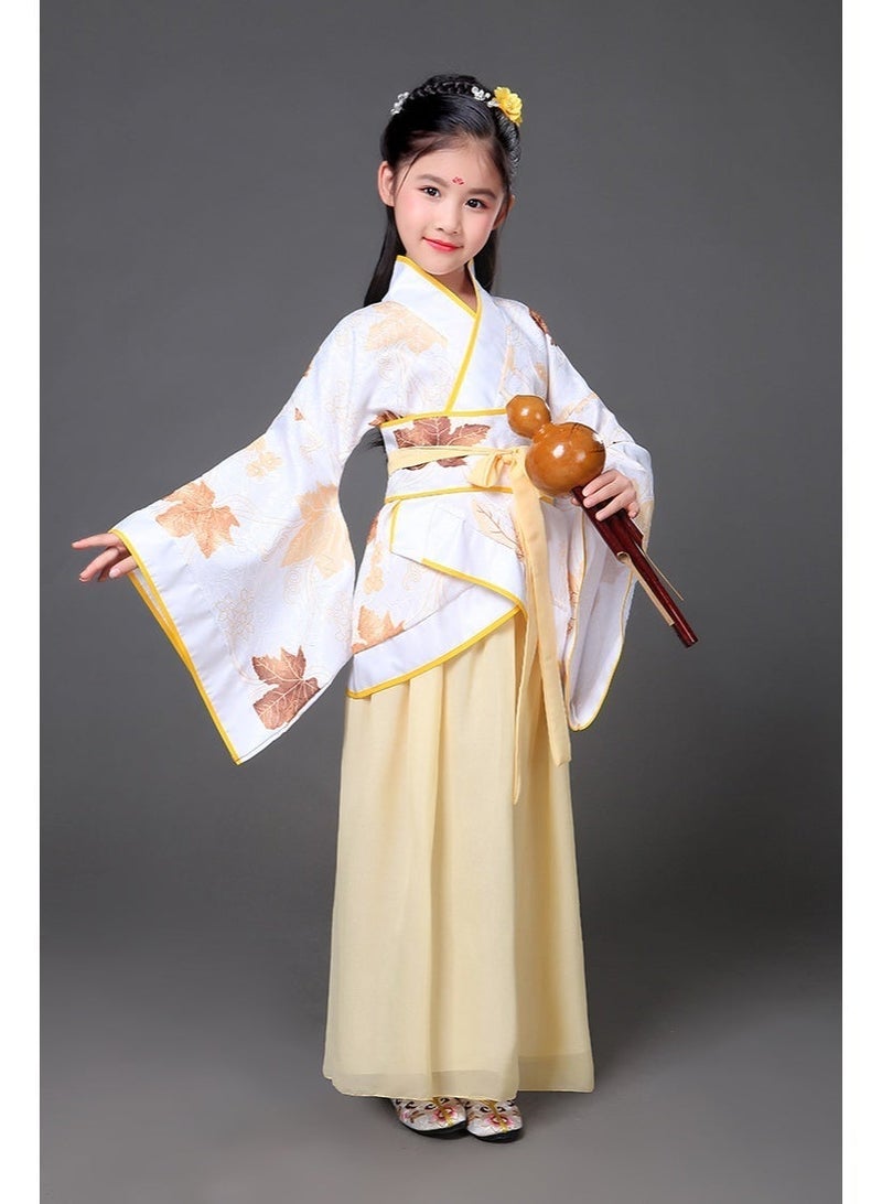 Traditional Chinese Hanfu Dress Set with Fan and Tassel, Yellow  and White Maple leaves Pattern, Cultural Costume with Accessories - Image 4