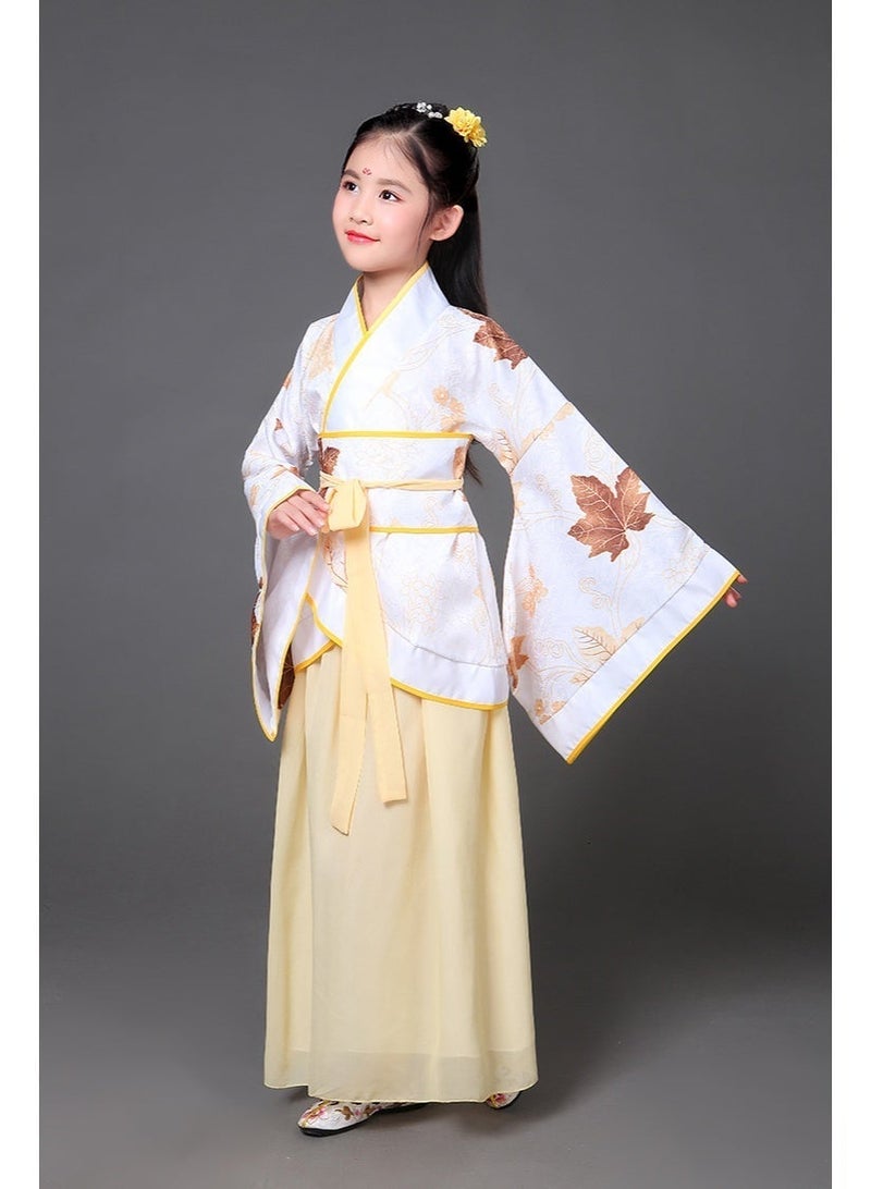 Traditional Chinese Hanfu Dress Set with Fan and Tassel, Yellow  and White Maple leaves Pattern, Cultural Costume with Accessories - Image 2