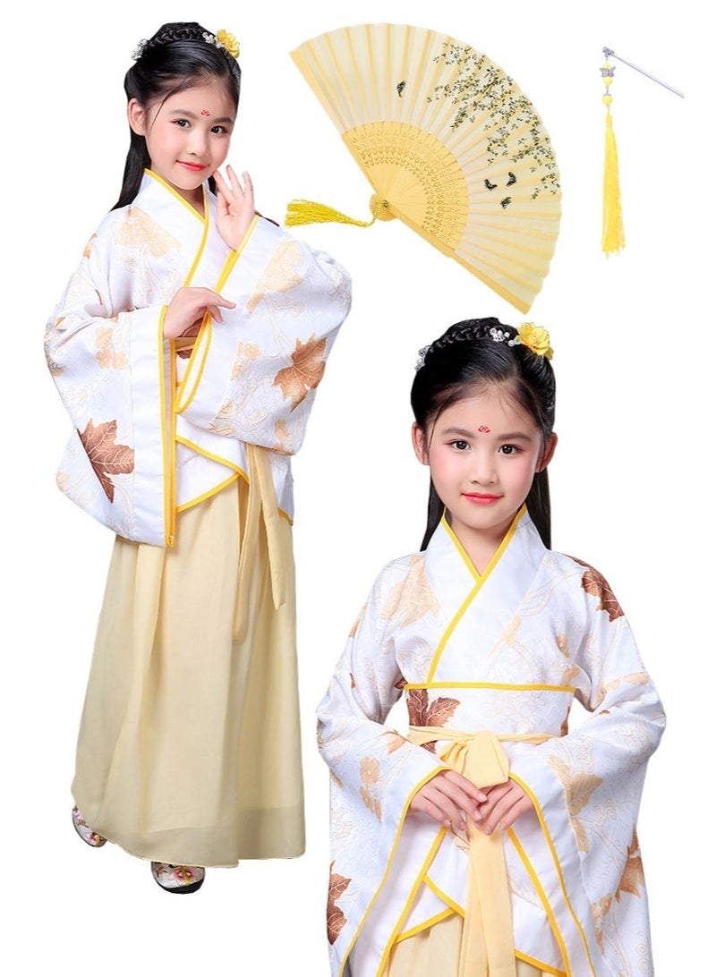 Traditional Chinese Hanfu Dress Set with Fan and Tassel, Yellow  and White Maple leaves Pattern, Cultural Costume with Accessories - Image 1