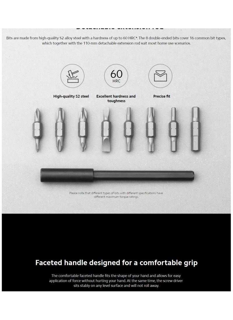 Xiaomi - Mijia 16 In 1 Ratchet Screwdriver Set,with Extension Pole 8 Screw Bits Precision Portable Household Double Head Drill Repair Multifunctional Manual Screw Driver for Mobile Phone Computer Maintenance-MJJLLSD002QW Black - Image 1