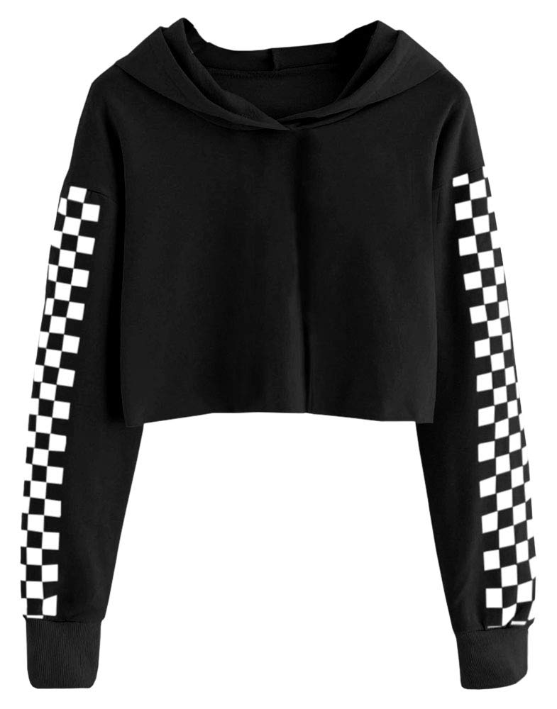 Imily Bela Kids Crop Tops Girls Hoodies Cute Plaid Long Sleeve Fashion Sweatshirts (13-14 Years, Black) - Image 1