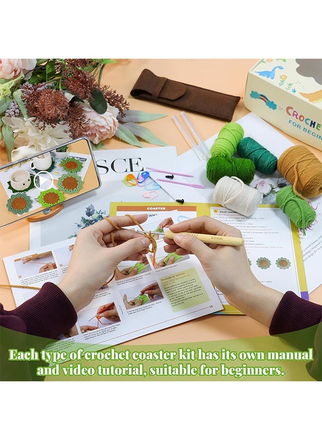 Lemon 6PCS Crochet Kit for Beginners, Crochet Coasters Kit, Flower Potted Plant Crochet Kit with Crochet Hook, Colorful Yarn, Stitch Marker, Instruction, Craft Lover DIY Material Tools(Green) - Image 2