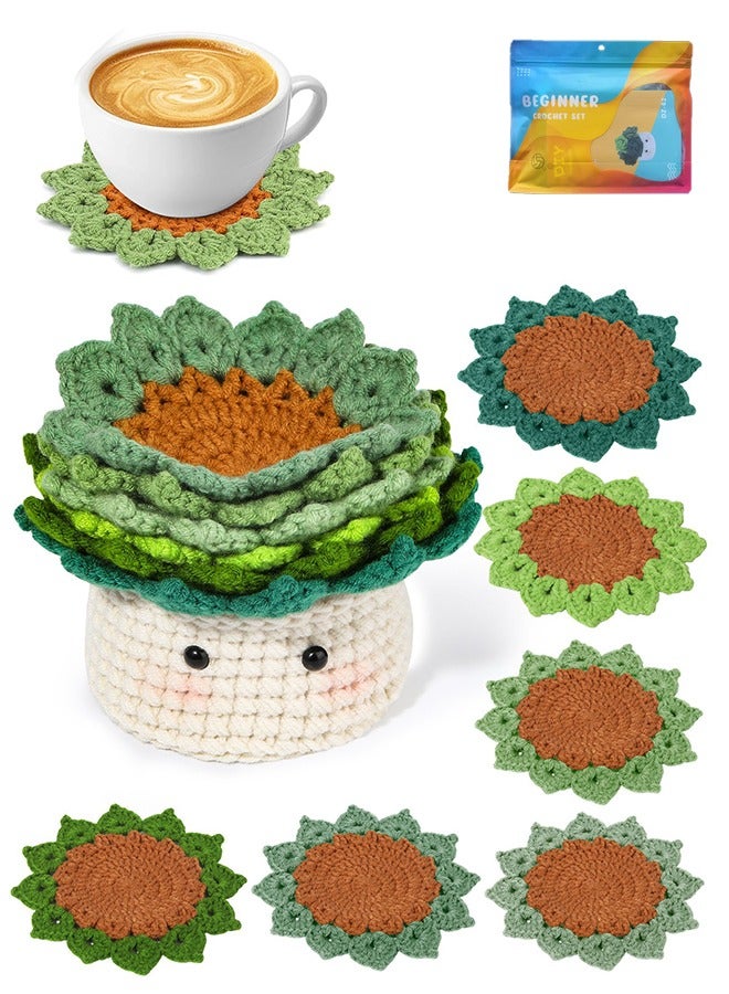 Lemon 6PCS Crochet Kit for Beginners, Crochet Coasters Kit, Flower Potted Plant Crochet Kit with Crochet Hook, Colorful Yarn, Stitch Marker, Instruction, Craft Lover DIY Material Tools(Green) - Image 1