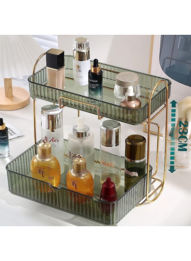 Pullable 2-Tier Bathroom Organizer Countertop, Large Capacity Cosmetics Display Shelf Vanity Tray Makeup Skin Care Products Organization Rack for Bedroom, Vanity, Bathroom, Countertop (Green) - Image 4