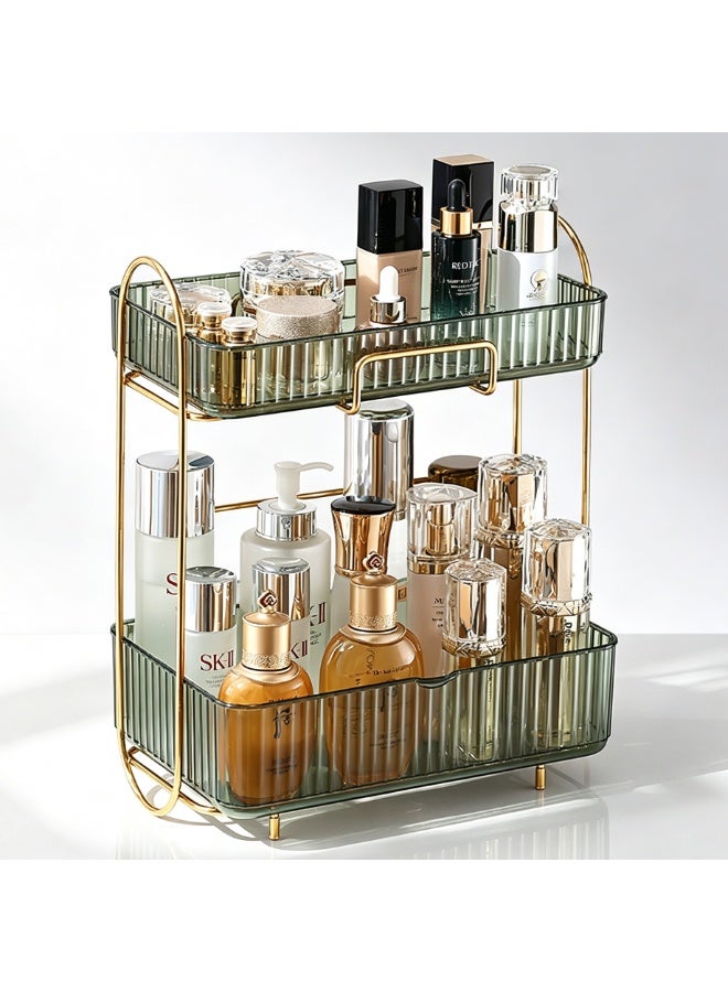 Pullable 2-Tier Bathroom Organizer Countertop, Large Capacity Cosmetics Display Shelf Vanity Tray Makeup Skin Care Products Organization Rack for Bedroom, Vanity, Bathroom, Countertop (Green) - Image 1