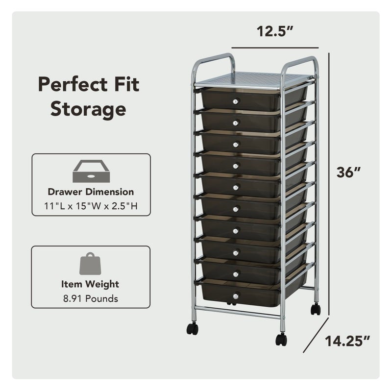 Displays By Jack Display By Jack Rolling Storage Cart 10 Drawer Organizer with Black Drawers, Slim 36" Chrome Frame, Locking Wheels, and Top Shelf for Office, Classroom, Bathroom, or Craft Storage - Image 4