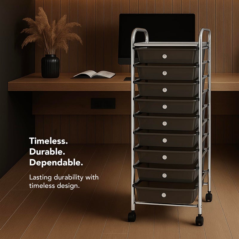 Displays By Jack Display By Jack Rolling Storage Cart 10 Drawer Organizer with Black Drawers, Slim 36" Chrome Frame, Locking Wheels, and Top Shelf for Office, Classroom, Bathroom, or Craft Storage - Image 3