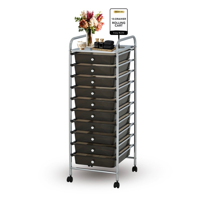Displays By Jack Display By Jack Rolling Storage Cart 10 Drawer Organizer with Black Drawers, Slim 36" Chrome Frame, Locking Wheels, and Top Shelf for Office, Classroom, Bathroom, or Craft Storage - Image 1