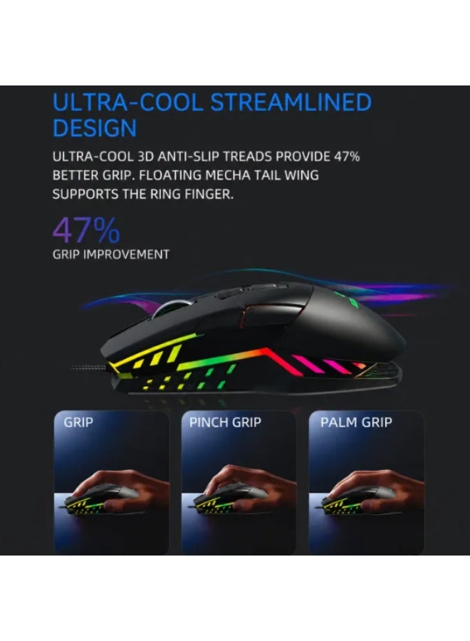 جيرتك ماوس ألعاب سلكي بإضاءة RGB – مستشعر بصري بدقة 4800 نقطة في البوصة (DPI)، اتصال USB، إضاءة RGB متغيرة بـ 7 ألوان (نمط التنفس)، تصميم مريح وخفيف الوزن، كابل بطول 1.5 متر، دقة عالية لأجهزة الكمبيوتر المكتبي والمحمول. - Image 3