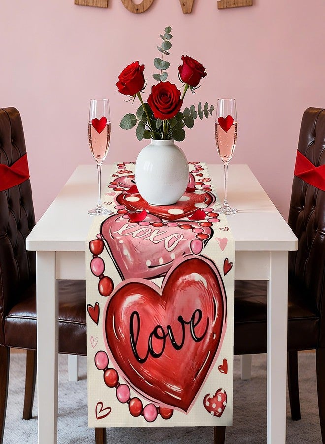 Kreyfer 72 x 13 Inch Valentines Day Table Runner - Red and Pink Hearts with Love and XOXO Lettering, Polka Dot Heart Pattern for Dining Room, Kitchen, and Romantic Celebrations - Image 3
