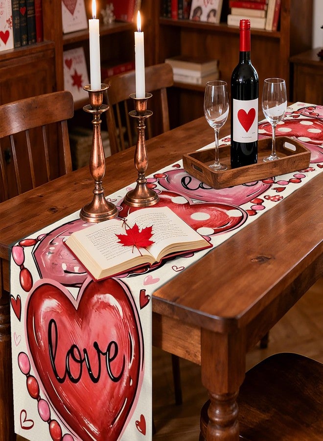Kreyfer 72 x 13 Inch Valentines Day Table Runner - Red and Pink Hearts with Love and XOXO Lettering, Polka Dot Heart Pattern for Dining Room, Kitchen, and Romantic Celebrations - Image 4