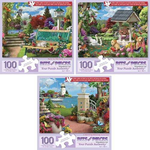 Bits and Pieces 100 Piece Puzzles for Adults Alan Giana 3Pack 100 Extra Large Pieces 15 x 19 Jigsaw Puzzles at The Waters Edge No 2 Pieces Alike - Image 1