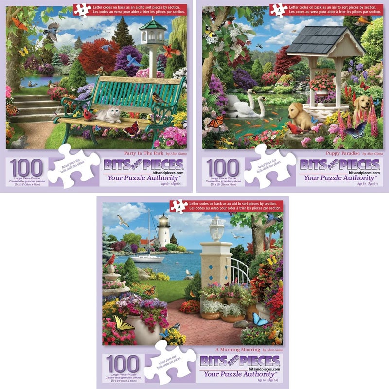 Bits and Pieces 100 Piece Puzzles for Adults Alan Giana 3Pack 100 Extra Large Pieces 15 x 19 Jigsaw Puzzles at The Waters Edge No 2 Pieces Alike - Image 3