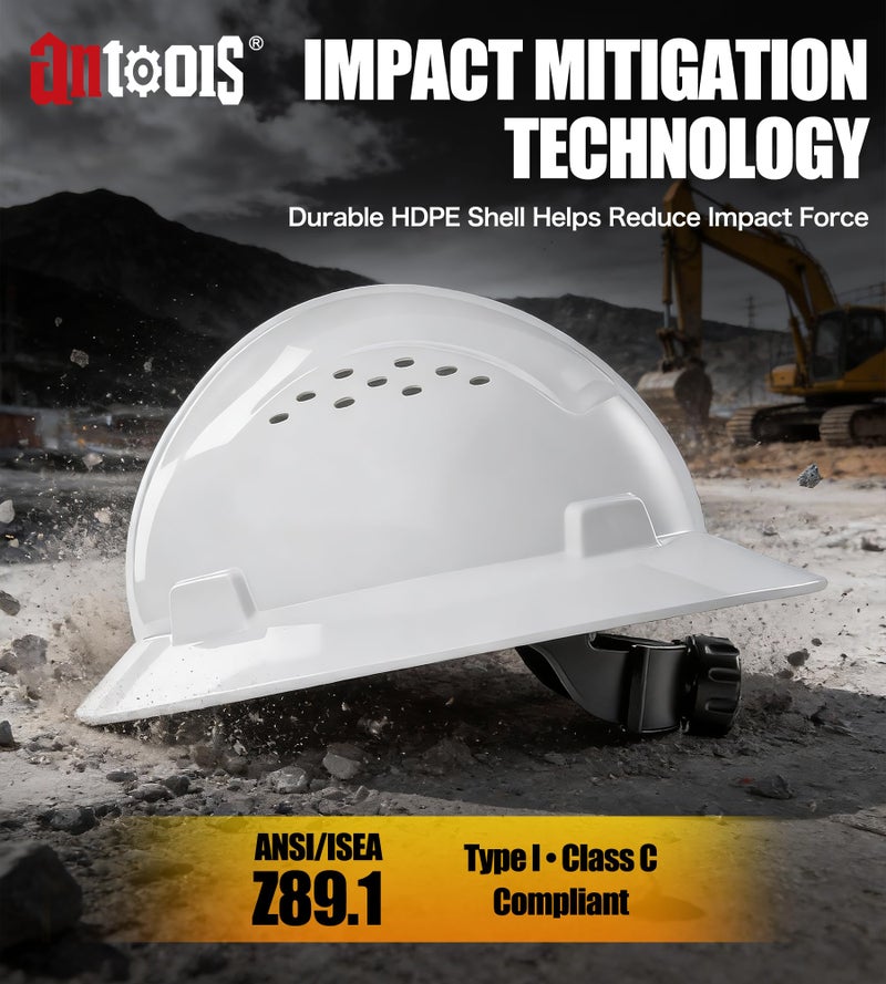 AnTools White Full Brim Hard Hat, OSHA Approved Construction Helmets for Men, 4-Point Adjustable Suspension, ANSI Z89.1 - Image 2
