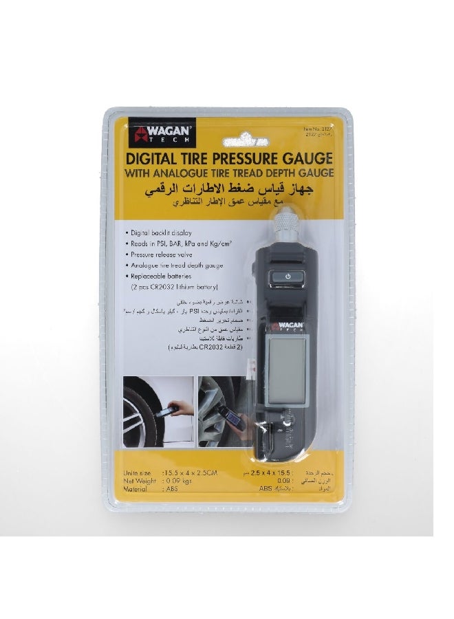 WAGAN Battery Powered Digital Tire Pressure Gauge with Analogue Tire Tread Depth Black 15.5 x 4 x 2.5 cm 2127 - Image 1