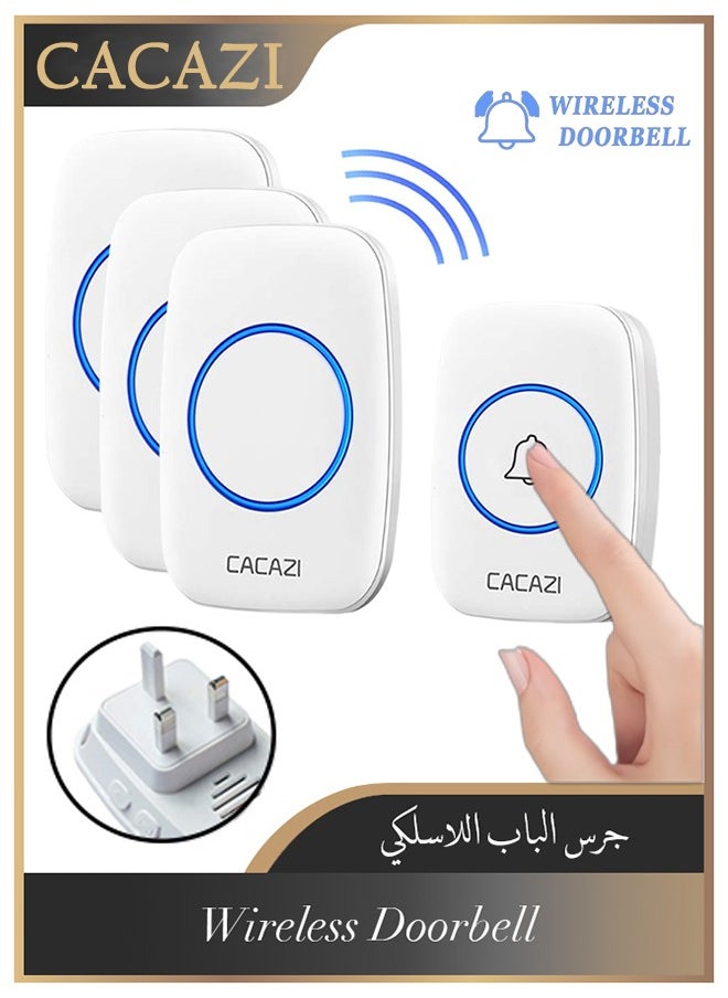 CACAZI - Waterproof Wireless Doorbell with UK Plug, LED Flash, Over 1000 Feet Range, 60 Sounds and 5 Levels of Volume, Cordless Doorbell for Home, Office, Apartment, Hotel, Warehouse and Anti-Theft, White - Image 1