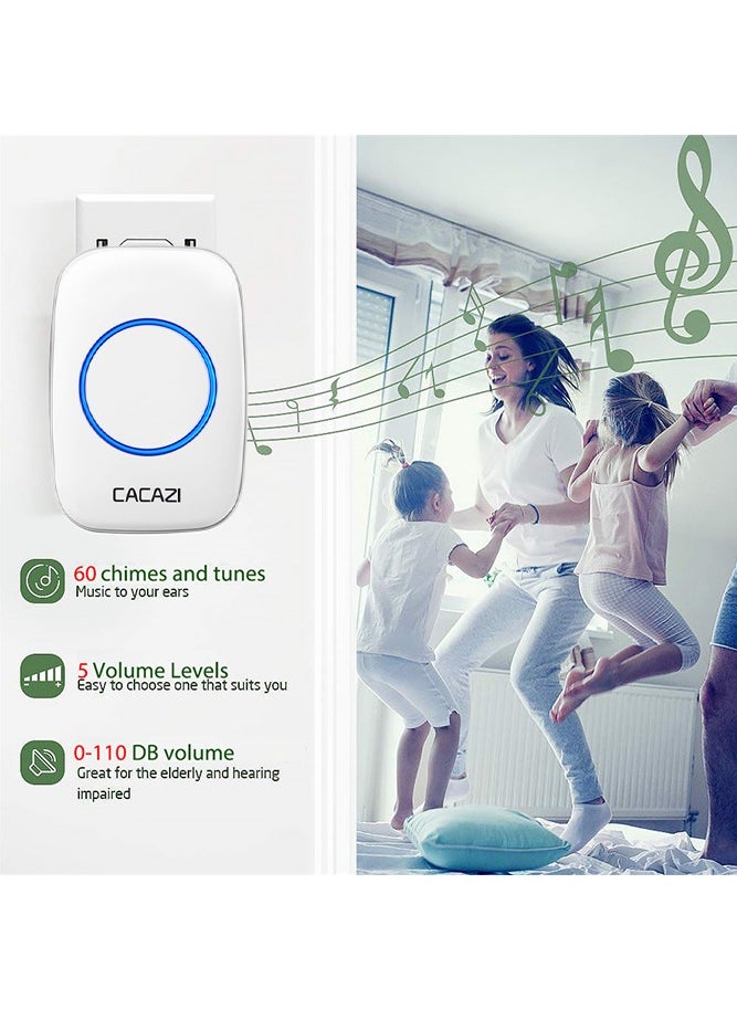 CACAZI - Waterproof Wireless Doorbell with UK Plug, LED Flash, Over 1000 Feet Range, 60 Sounds and 5 Levels of Volume, Cordless Doorbell for Home, Office, Apartment, Hotel, Warehouse and Anti-Theft, White - Image 1