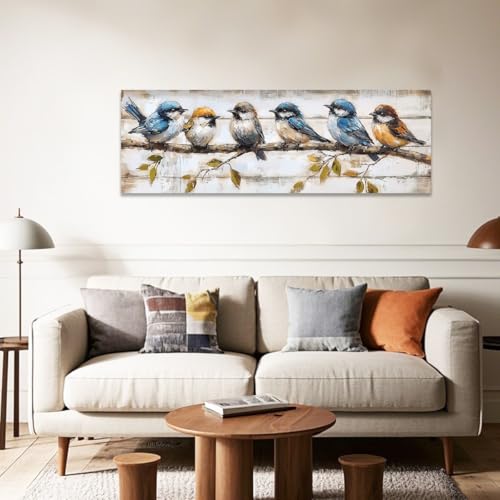 CCWACPP Birds on Tree Branches Wall Art Rustic Bird Painting Canvas Print Flying Animal Pictures Country Farmhouse Living Room Bedroom Home Decor (8"x24") - Image 2