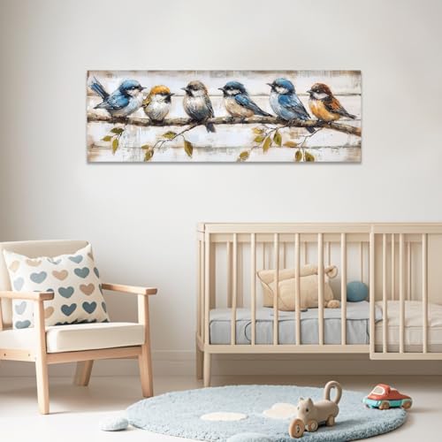 CCWACPP Birds on Tree Branches Wall Art Rustic Bird Painting Canvas Print Flying Animal Pictures Country Farmhouse Living Room Bedroom Home Decor (8"x24") - Image 3