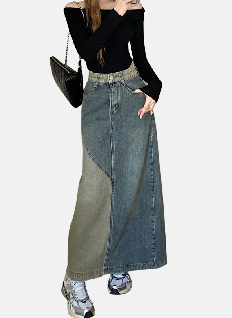 YUNIQEE Multicolour Colour Blocked Denim Maxi Skirt