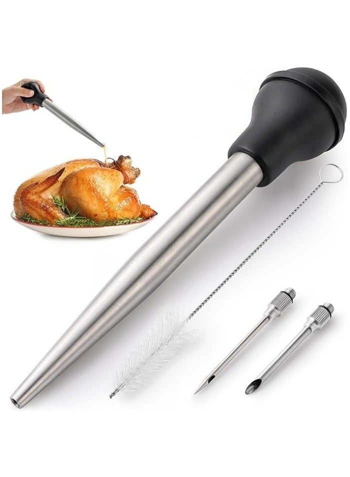 Kitchen Stainless Steel Turkey Baster for Cooking - Food Grade Metal Turkey Baster Syringe & Silicone Suction Bulb - Turkey Baster Large Size - Includes 2 Detachable Needles and Cleaning Brush - Image 1