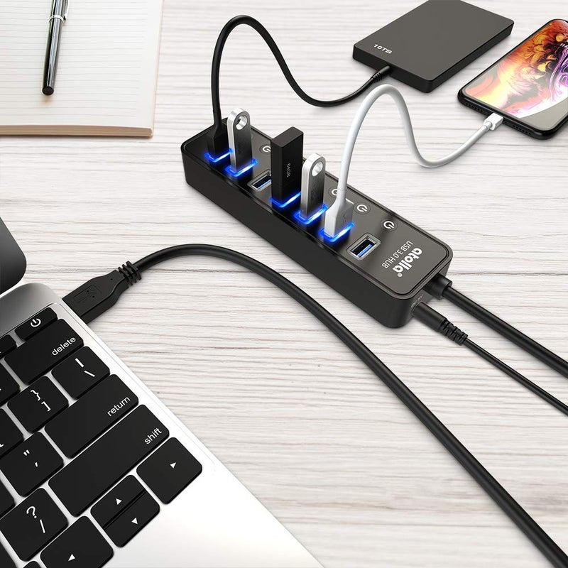 atolla Powered USB Hub 3.0, Atolla 7-Port USB Data Hub Splitter with One Smart Charging Port and Individual On/Off Switches and 5V/4A Power Adapter USB Extension for MacBook, Mac Pro/Mini and More. - Image 5