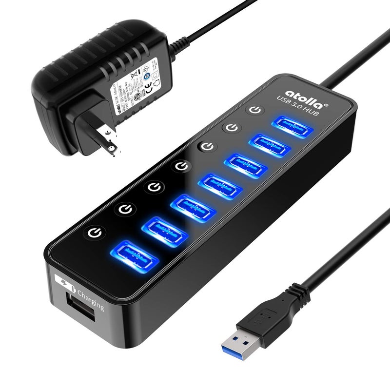 atolla Powered USB Hub 3.0, Atolla 7-Port USB Data Hub Splitter with One Smart Charging Port and Individual On/Off Switches and 5V/4A Power Adapter USB Extension for MacBook, Mac Pro/Mini and More. - Image 1