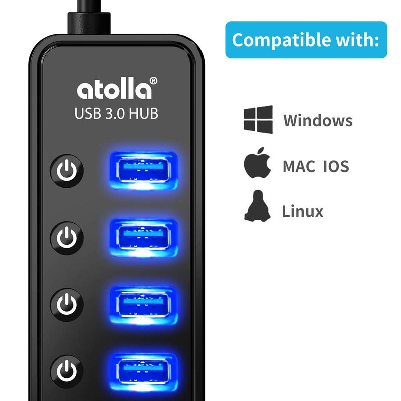 atolla Powered USB Hub 3.0, Atolla 7-Port USB Data Hub Splitter with One Smart Charging Port and Individual On/Off Switches and 5V/4A Power Adapter USB Extension for MacBook, Mac Pro/Mini and More. - Image 4