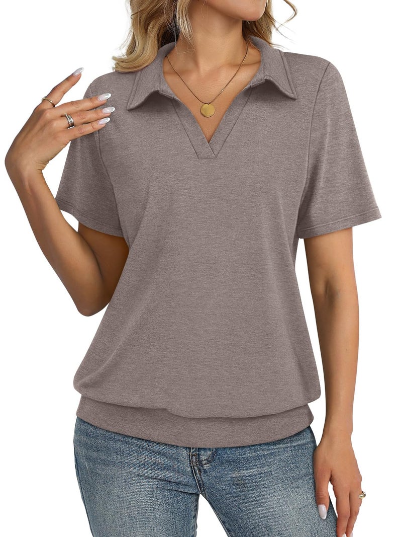 TICTICMISS Womens Polo Shirts Short Sleeve Banded Bottom Tops Business Casual Tops Collared V Neck Dressy Blouses - Image 1