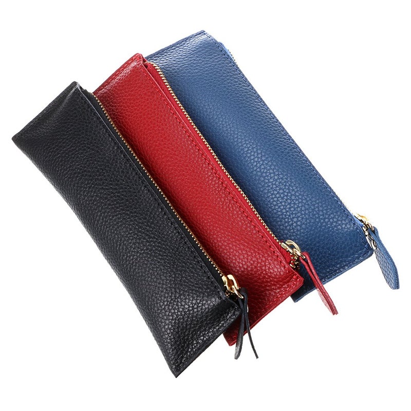 BTSKY Genuine Leather Pencil Case - Zippered Pen Case Stationery Bag Zipper Pouch Pencil Holder (New Black) - Image 5